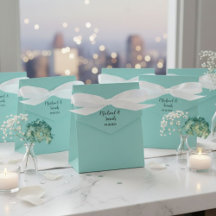 Favor boxes with satin ribbon and your names