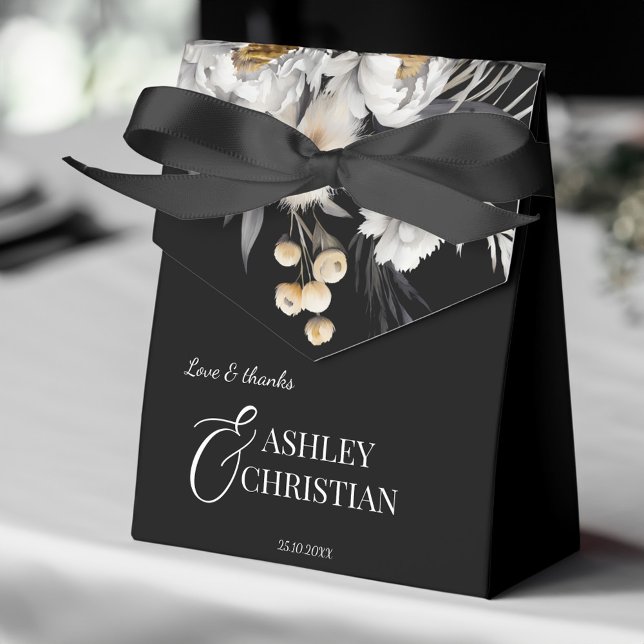 Caja Para Regalos Favoritos de boho elegantes y negros (Black and white elegant boho wedding favors personalized  favor box white peonies black favor box)