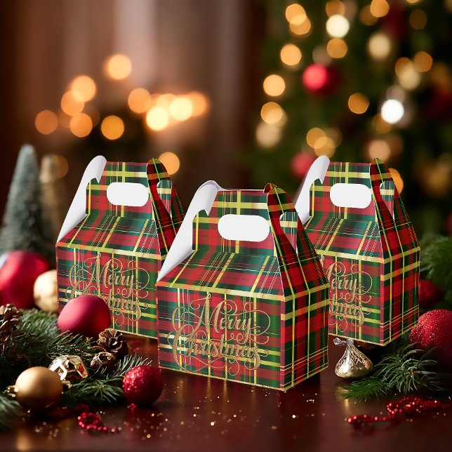 Caja Para Regalos Festive Tartan Red and Green 'Merry Christmas' (Elegant Classic Tartan Christmas Red and Green Favor Boxes )