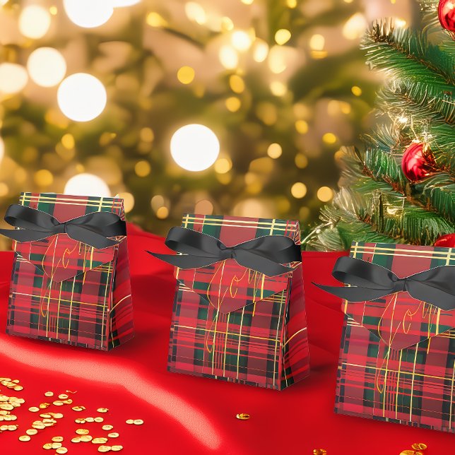 Caja Para Regalos Festividad Tartán Red & Green Gold 'Joy' (Stylish Christmas Red and Green 'Joy' Tartan Plaid Holiday Gift Favor Boxes )