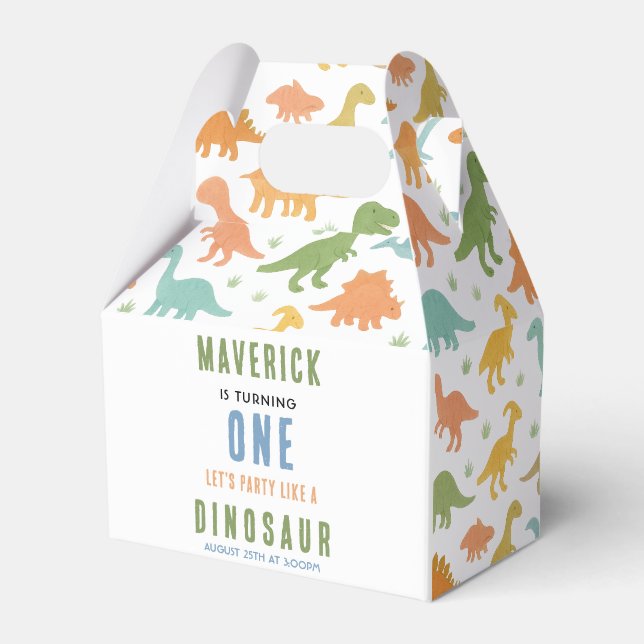 Caja Para Regalos Fiesta de cumpleaños 1 de Dinosaurio | Prehistóric (Front Side)