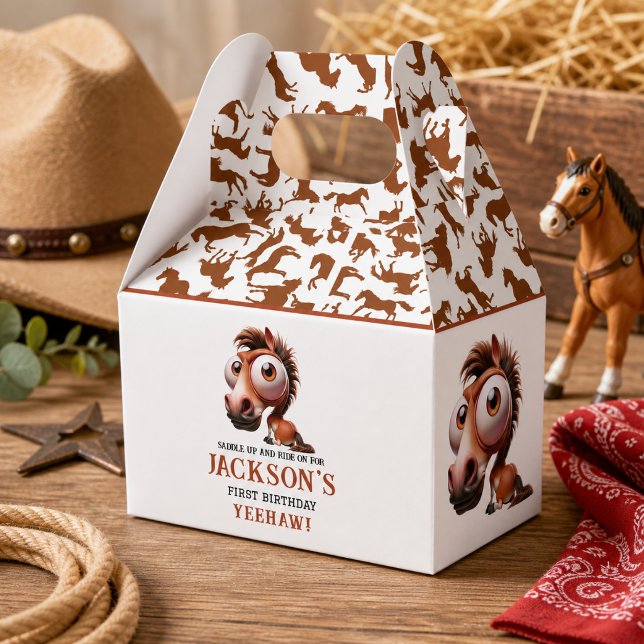Caja Para Regalos Fiesta de cumpleaños con caricaturas de caballos (Horse Caricatures 1st Birthday Party Favor Boxes)
