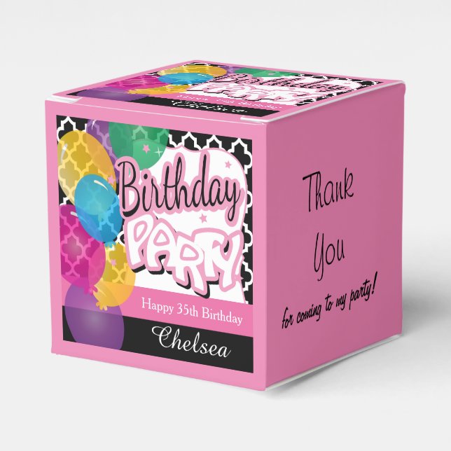 Caja Para Regalos Fiesta de cumpleaños con globos en rosa (Costado Anverso)