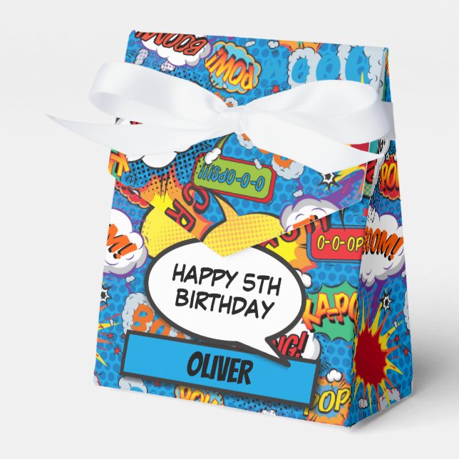 Caja Para Regalos Fiesta de cumpleaños de superhéroe de cómic azul (Front Side)