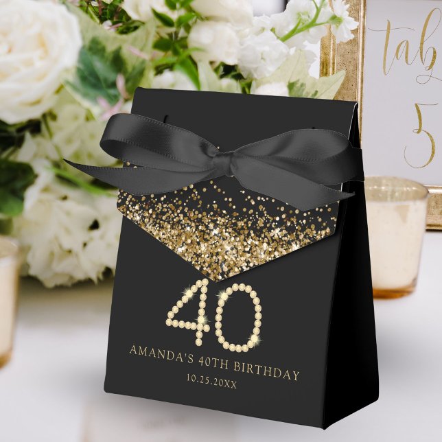 Caja Para Regalos Fiesta de Cumpleaños Diamantes de Oro 40 (Black and gold 40th birthday party favor gift boxes)