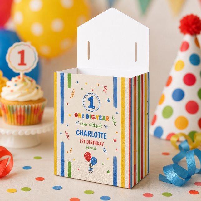 Caja Para Regalos Fiesta de cumpleaños número uno Bold Rainbow One B (Bold Rainbow One Big Year 1st Birthday party Favor Boxes
)