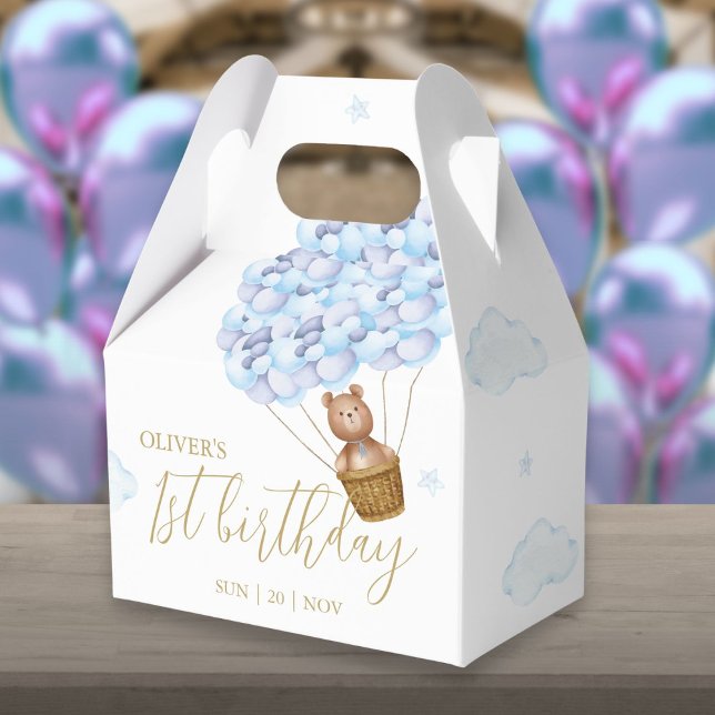 Caja Para Regalos Fiesta de Cumpleaños Osito de Peluche Globos Azule (Teddy Bear Blue Balloons Birthday Party Favor Box)