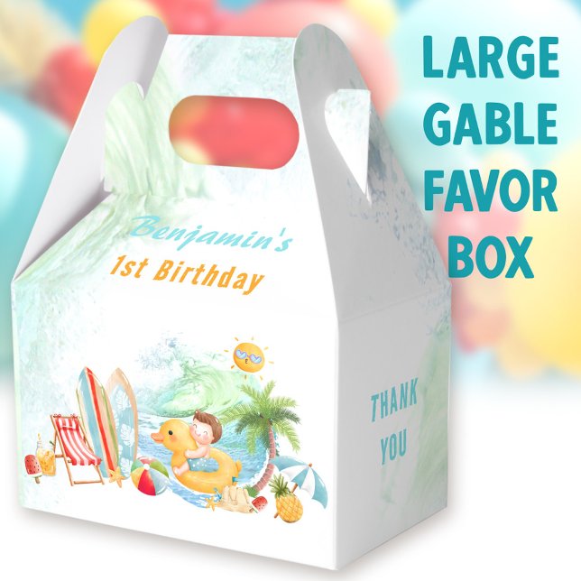 Caja Para Regalos Fiesta de la piscina de playa verano primer cumple (Beach boy Large Gable Favor Boxes - You can choose from 3 sizes of these gable favor boxes)