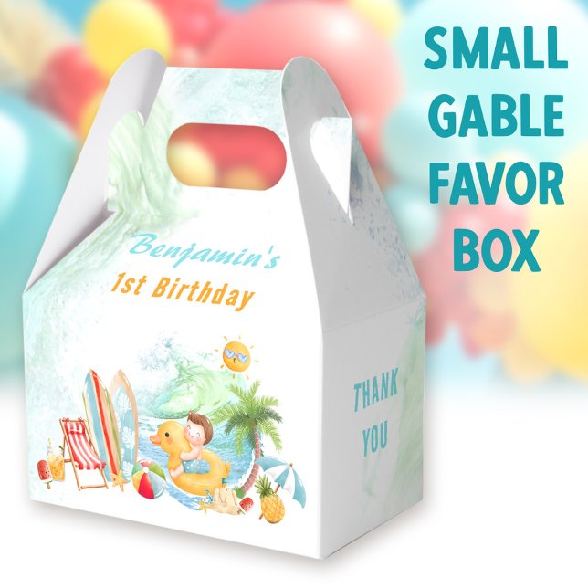 Caja Para Regalos Fiesta de la piscina de playa Verano primer cumple (Beach boy Small Gable Favor Boxes - You can choose from 3 sizes of these gable favor boxes)