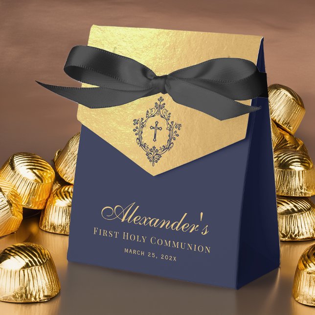 Caja Para Regalos First Communion Navy Blue Faux Gold Elegant Crest (Subido por el creador)