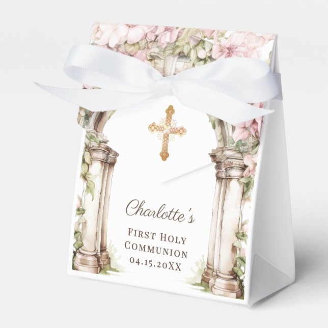 Caja Para Regalos First Communion Pink Florals Arch Cross (Front Side)