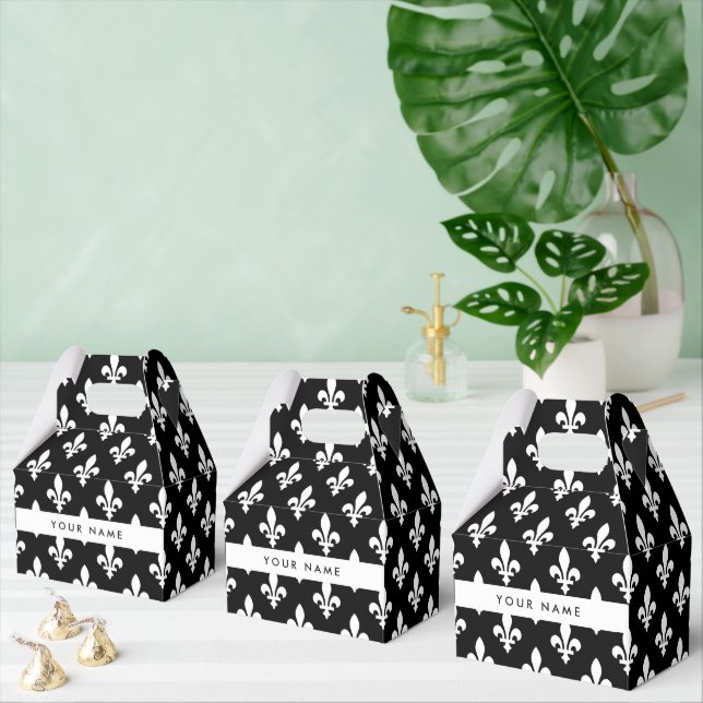 Caja Para Regalos Fleur de Lis, Blanco sobre Negro, Blanco, Tu Nombr (Múltiple)