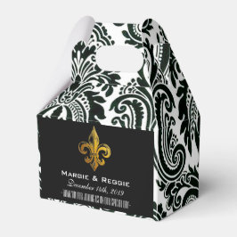 CAJA PARA REGALOS FLOR DE LIS NEGRA BLANCA Y DORADA PERSONALIZADA