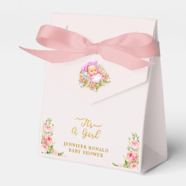 Caja Para Regalos Flor rosa y dorada tema es una ducha de bebé chica
