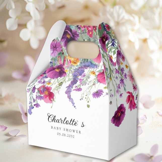 Caja Para Regalos Flor silvestre, Baby Shower morado-rosada (Wildflower, Purple-Pink-Flower Baby Shower Favor Boxes with your Name & Date. For Baby Girl & Boy.)