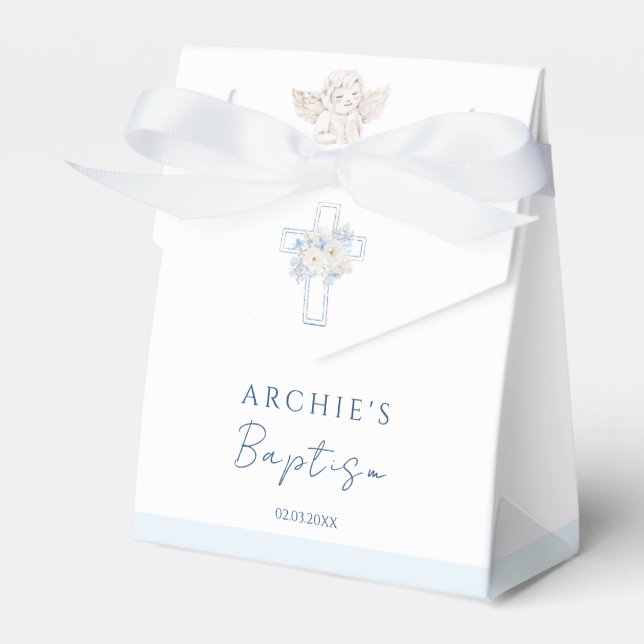Caja Para Regalos Floral Blue Cross Angel Baptism (Front Side)