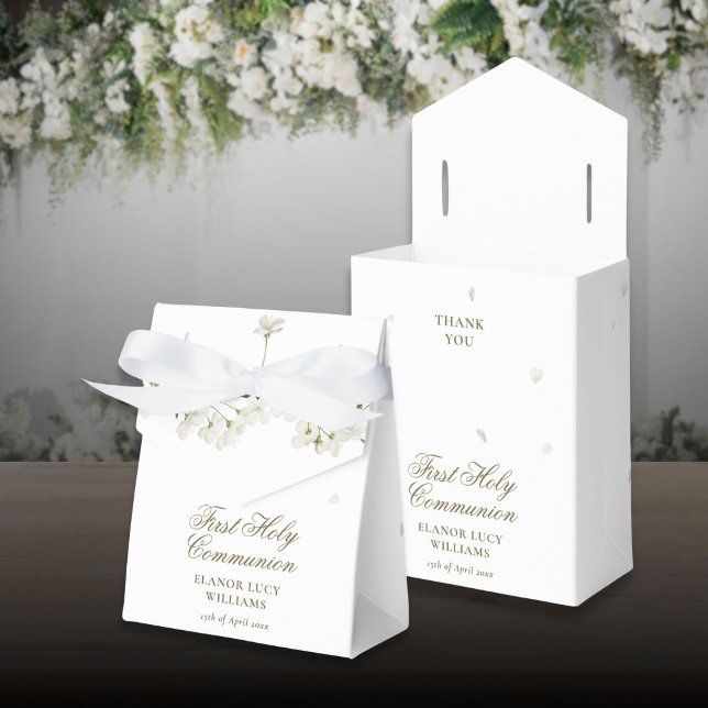 Caja Para Regalos Floral de flor blanca de la primera comunión sagra (First Holy Communion White Blossom Floral Favor Boxes)