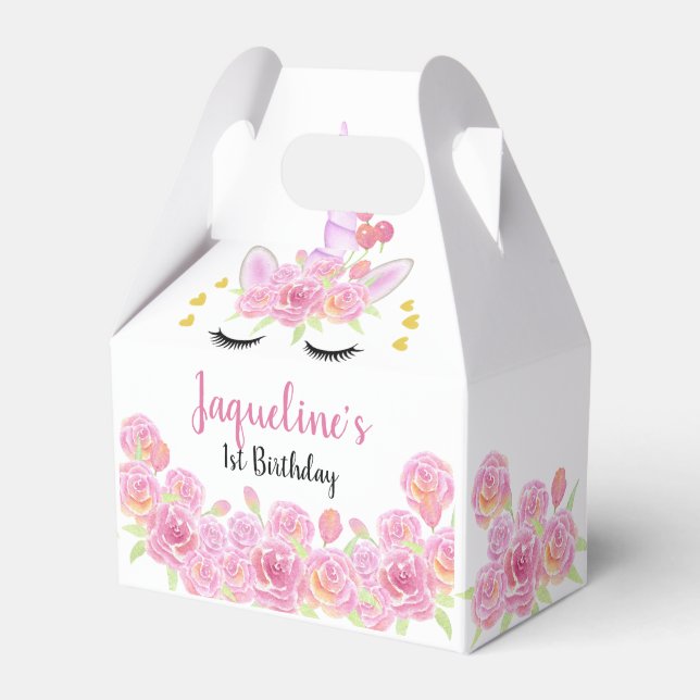 Caja Para Regalos Florales rosados Unicorn Gold Hearts Birday (Front Side)