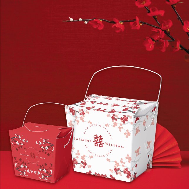 Caja Para Regalos Florecimiento de cerezos y doble felicidad Boda ch (Red/White Cherry Blossoms Double Happiness Chinese Wedding Party Favor Boxes @ fatfatin_red_knot)