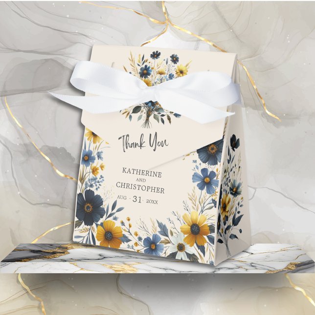 Caja Para Regalos Flores acuáticas Flores silvestres Elegantes Bodas (Watercolor Wildflowers Elegant Wedding Favor Bow Box with Blue and Yellow Wildflowers, Couples Names)