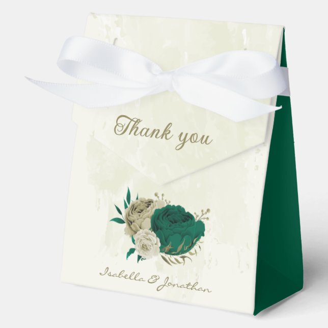 Caja Para Regalos flores beige verde esmeralda boda  (Anverso)