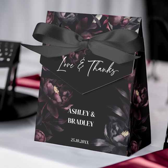 Caja Para Regalos Flores borgoñosas oscuras favores de boda (Dark moody burgundy flowers wedding favors personalized template favor box black themed wedding box)