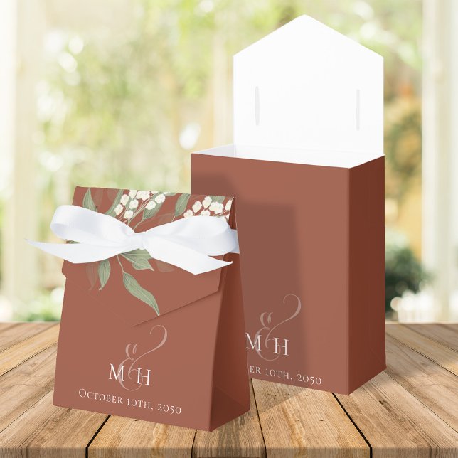 Caja Para Regalos Flores de casamiento Terracota botánica (Elegant Terracotta party favor box with greenery foliage and monogram. )