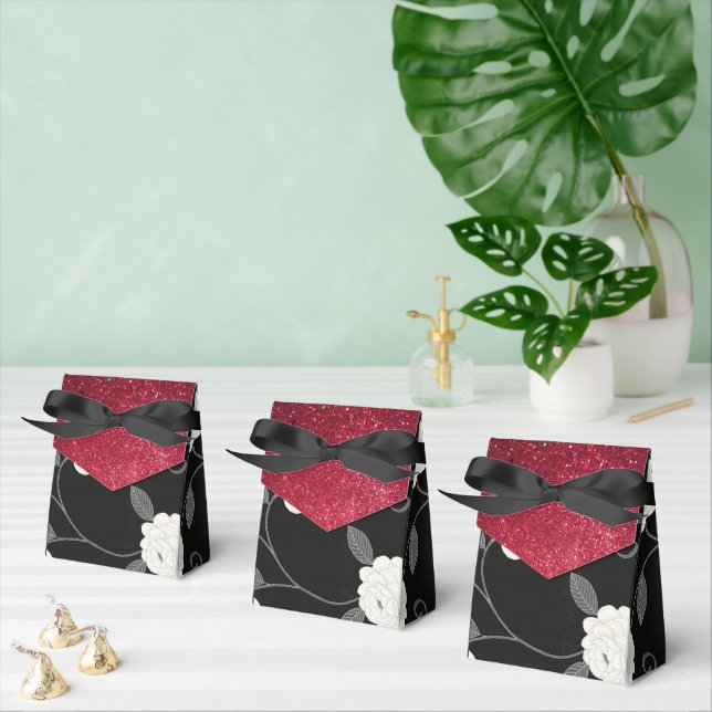 Caja Para Regalos Flores negras y blancas y Purpurina rojo (Múltiple)