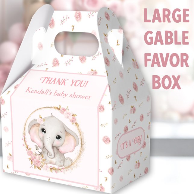 Caja Para Regalos Flores rosa de elefante lindo Baby Shower grande (Cute Elephant Large Gable Favor Boxes - You can choose from 3 sizes of these gable favor boxes)