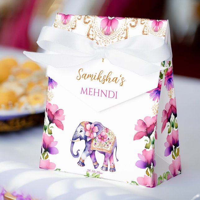 Caja Para Regalos Flores rosadas del boda indio Mehndi (Mehndi Indian wedding cute decorated elephant pink flowers Favor Box)
