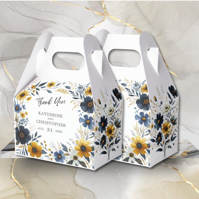 Caja Para Regalos Flores salvajes amarillas azules elegantes Boda gr (Watercolor Floral Large Wedding Favor Box with Blue and Yellow Wildflowers, Wedding Info, QR Code.)
