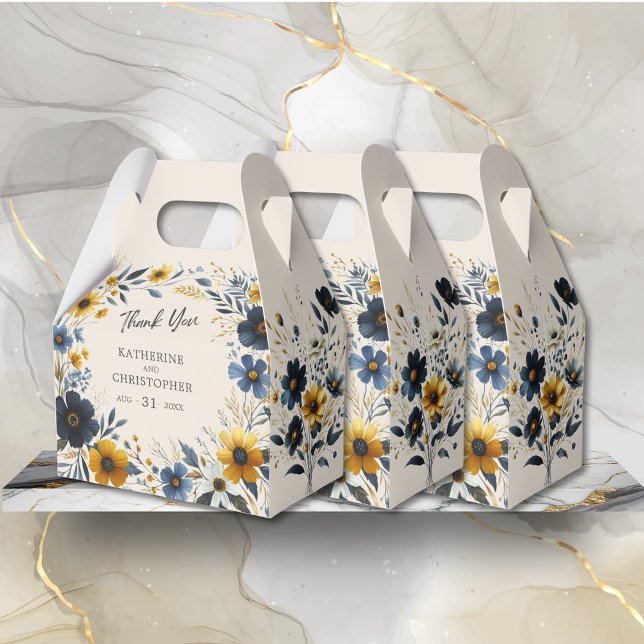 Caja Para Regalos Flores silvestres acuáticas Boda beige elegante (Watercolor Wildflowers Elegant Wedding Thank You Favor Box with Blue and Yellow Wildflowers.)