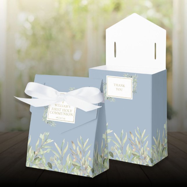 Caja Para Regalos Follaje de Primeras Comuniones Verde  (First Holy Communion Greenery Foliage Blue Favor Boxes)