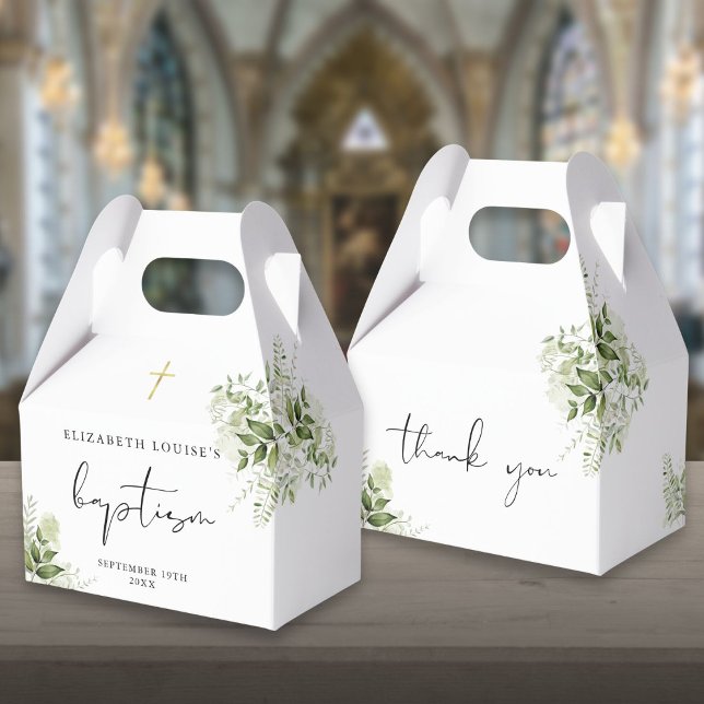 Caja Para Regalos Follaje Verde Elegante Bautizo Rústico (Rustic Greenery Leaves Elegant Baptism Favor Box)