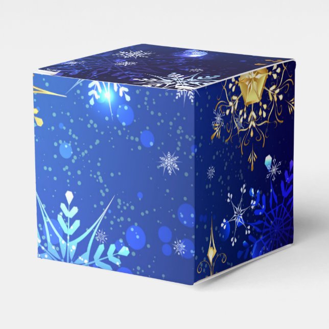 Caja Para Regalos Fondo azul XMAS con copos de nieve dorados (Costado Anverso)
