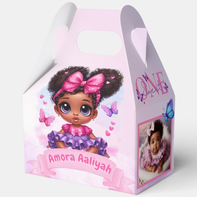 Caja Para Regalos Foto de mariposa de bebé afro puff primer cumpleañ (Anverso)
