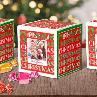 Caja Para Regalos Foto Retro de Navidad Familiar Festiva Rojo Verde