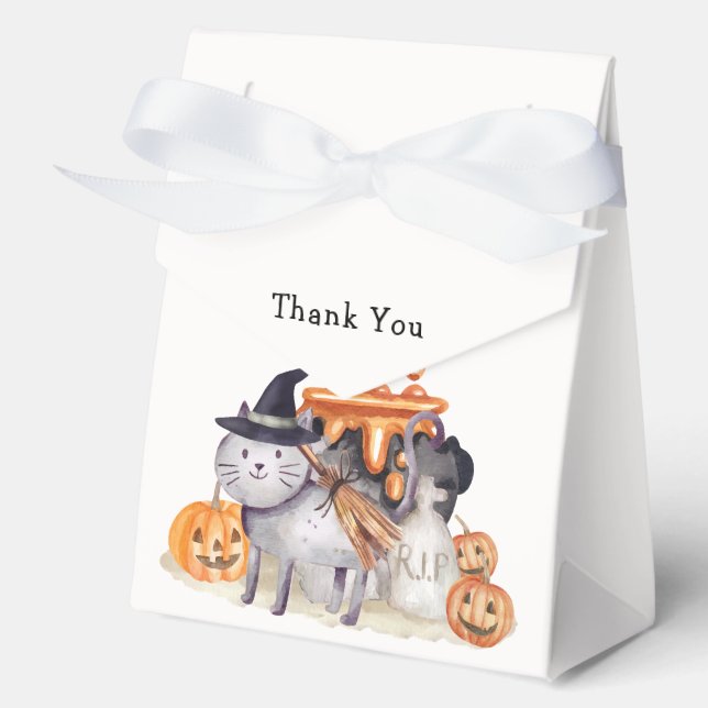 Caja Para Regalos Gato De Bote En Gorra De Brujas Preparando Baby Sh (Anverso)