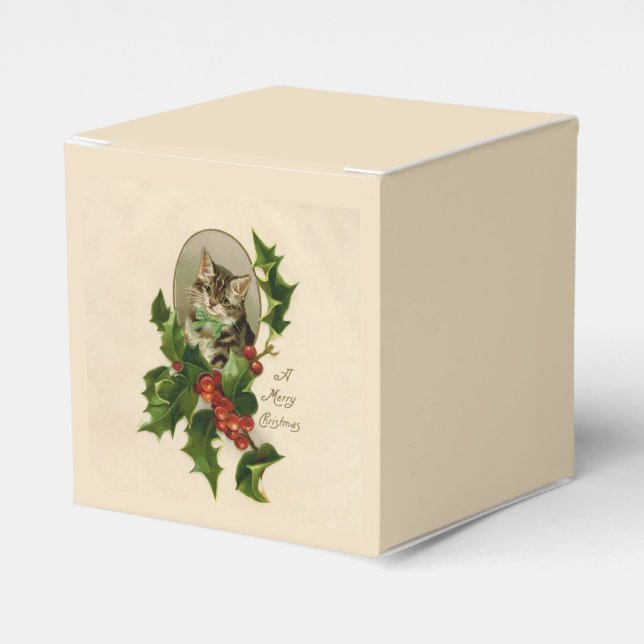 Caja Para Regalos Gato Navidades Merry Holly Kitten Arte Antiguo (Costado Anverso)