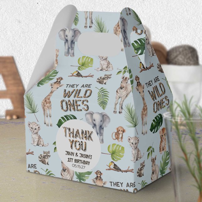 Caja Para Regalos Gemelos animales de la selva azul Tema de primer c (Twins Blue Jungle Animals Themed, Baby Boys 1st birthday favor box.)