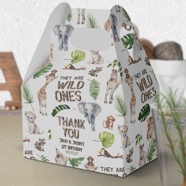 Caja Para Regalos Gemelos Salvajes Un Bebé 1 cumpleaños Safari (Twins Baby Boys 1st birthday, Wild One Safari Animals Themed Birthday  favor box.)