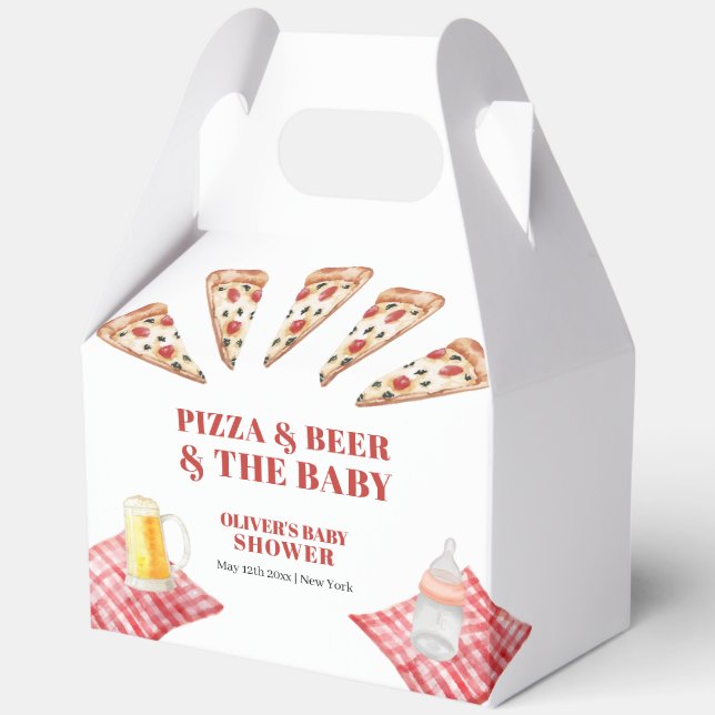 Caja Para Regalos Gingham Rustic Modern Pizza Beers Baby Shower (Anverso)