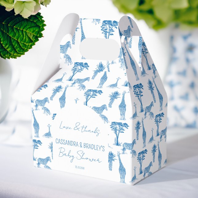 Caja Para Regalos Girafa de toile azul Safari ducha bebé monogramada (Safari blue toile de jouy giraffe African animals baby shower monogrammed personalized favor boxes)