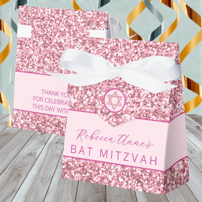 Caja Para Regalos Glam Moda Rosa Purpurina Faux Bat Mitzvah Fiesta (These pink faux glitter Bat Mitzvah favor boxes are easy to personalize)