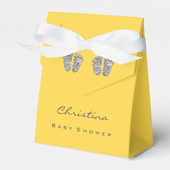 Caja Para Regalos GlitterSilver Yellow con gotes de pies gemelos Bab (Front Side)