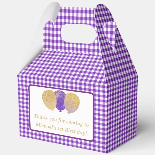 Caja Para Regalos Globos de Gingham Morado Cumpleaños Foto Personali (Anverso)