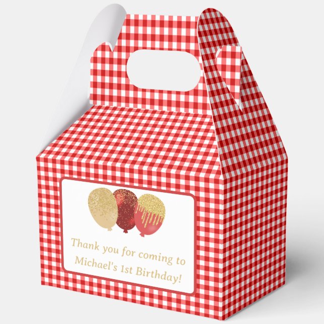 Caja Para Regalos Globos de Gingham Rojo Cumpleaños con Foto Persona (Anverso)