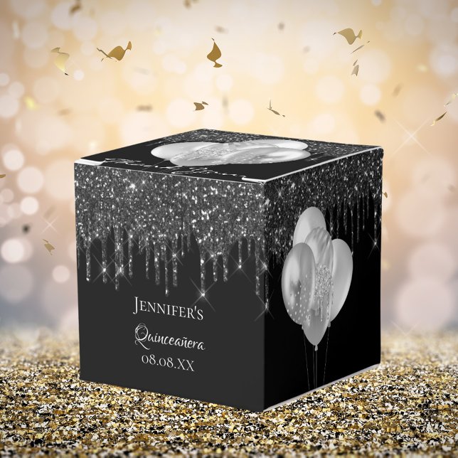 Caja Para Regalos Globos purpurinas de plata negra de Quinceanera (Subido por el creador)