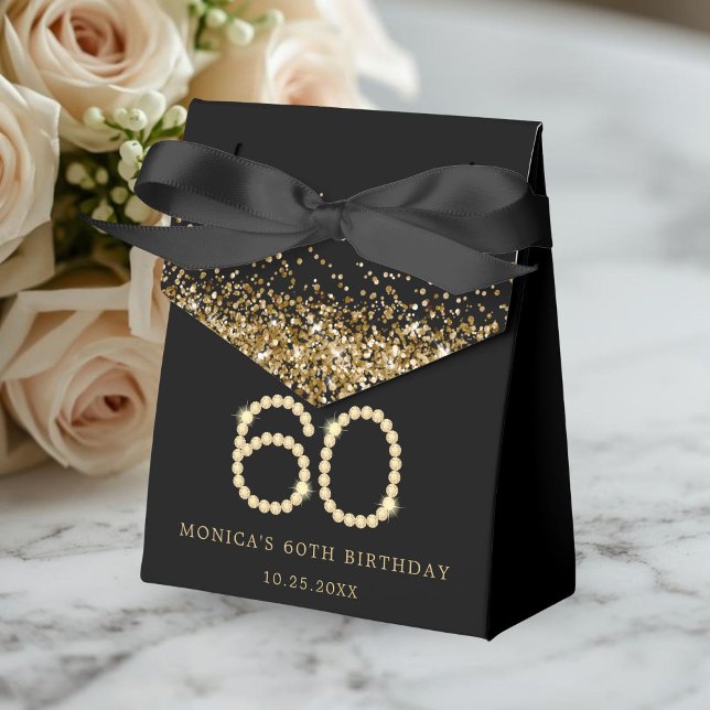 Caja Para Regalos Gold 60th Diamonds Birthday Party (Gold Diamonds 60th Birthday Party Favor Boxes)