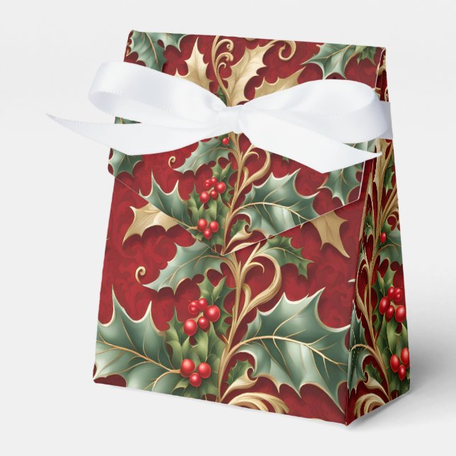 Caja Para Regalos Gold Green Leaves Red Navidades Holiday Box (Front Side)
